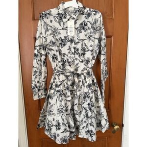Women's A New Day Long Sleeve Button-Down Mini Shirt Dress Black & White Floral